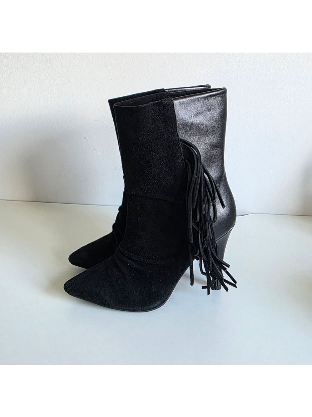 Raye Black Stiletto Heeled Fringe Boots Size 6.5